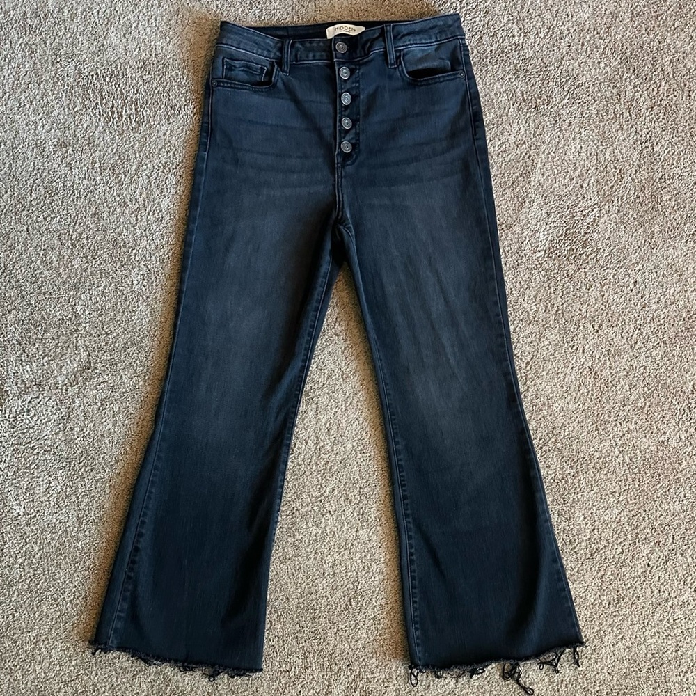 Hidden Black Wide Leg Flare Jeans with Frayed Hem. Worn 2 times.